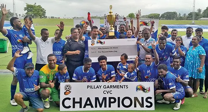 Aroma Tigers Cafe Lautoka football players, officials and supporters after claiming the Pillay Garments Champion versus Champion Series title at Churchill Park, Lautoka, on February 4, 2024. 