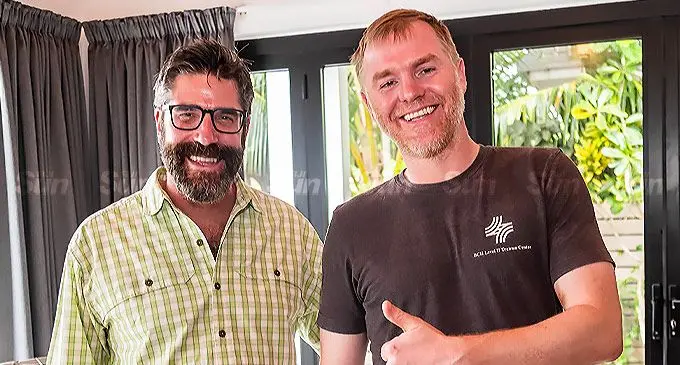 Canadian EMX Royalty Corp experts on a site visit to Lion One’s Tuvatu alkaline gold prospects - general manager of exploration Eric Jensen (left), and geologist, Jeffrey Edelen, in Vuda on March 17, 2022. Photo: Leon Lord.