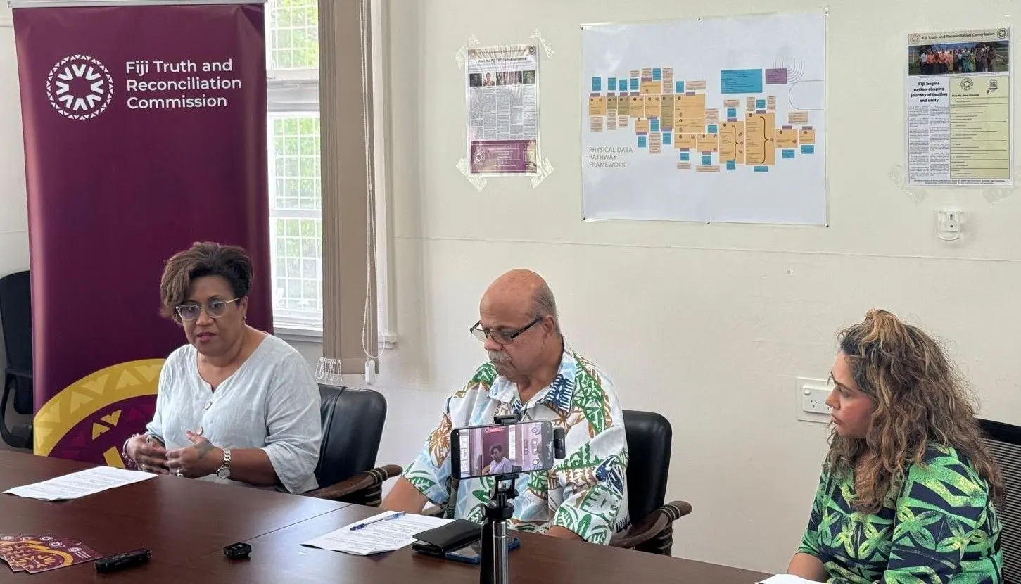 Commissioners of the Fiji Truth and Reconciliation Commission (FTRC). From left: Commissioner Ana Laqeretabua, Acting Chairperson Sekove Naqiolevu, Commissioner Rachna Nath at the FTRC headquarters in Suva on December 9, 2025.