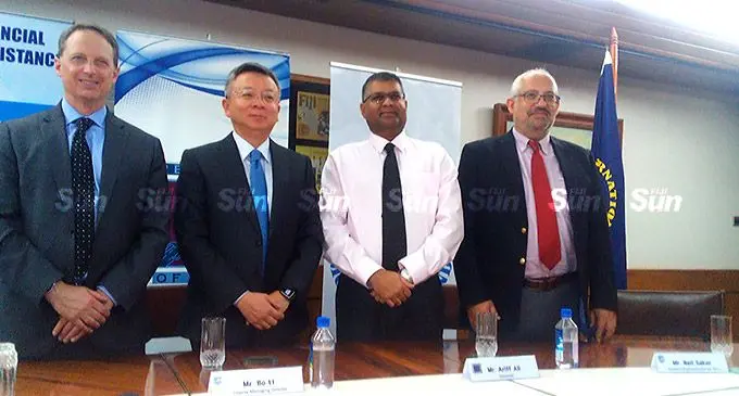 From left: Resident representative for PIC’s Neil Saker, International Monetary Fund’s Deputy Managing Director, Bo Li, Governor of the Reserve Bank of Fiji Arif Ali and Division Chief, Asia Pacific Department Todd Schneider at the RBF conference room on May 23, 2022. Photo: Selita Rabuku.