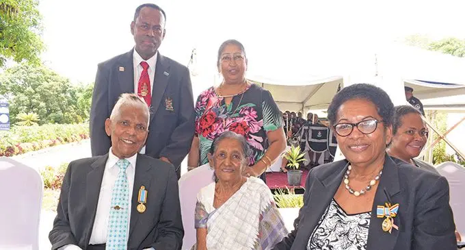 Sitting from left : Hari Raj Naicker with his wife Kamla Naicker and Adi Laisa Balavu with attendees at the investiture ceremony on October 8, 2020. Photo: Ronald Kumar
