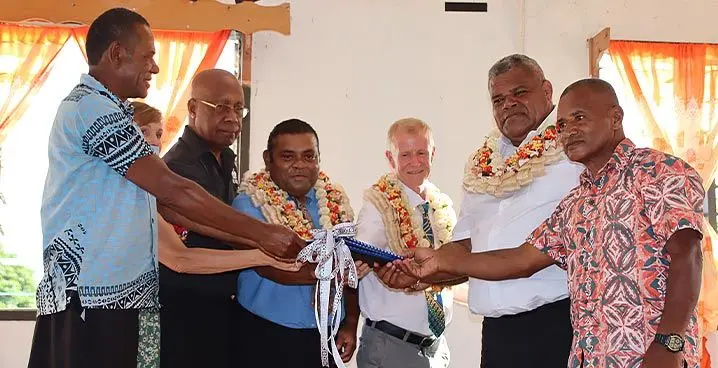 Second from right, Minister for Agriculture, Vatimi Rayalu with representatives of Adventist Development and Relief Agency (ADRA) Fiji, Latter-day Saint Charities and village rep in Navatuyaba Village on January 25,2023. Photo: Jone Salusalu