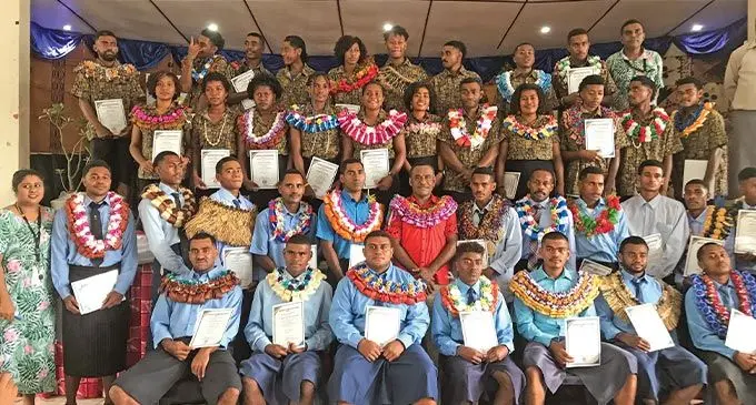 Permanent Secretary for Ministry of Youth and Sports Roveroto Nayacalevu, with the 45 graduates from the ministry’s Naqere and Naleba centres, at the Civic Centre in Labasa on December 9, 2022. Photo: Shratika Naidu