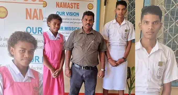 DAV College Ba head girl, Vulori Savori (left), head boy, Ravneel Maharaj, (right) with the school principal, Sanjesh Kumar. Photo: DAV College Ba