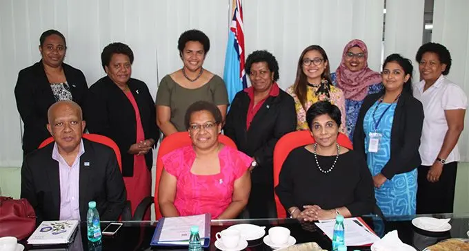 Seated front-left: Permanent Secretary for Women,Children and Poverty Alleviation Dr Josefa Koroivueta,  Minister for  Women,Children and Poverty Alleviation Mereseini Vuniwaqa, and Fiji’s Permanent Representative to the United Nations in Geneva Nazhat Shameem with the delegates bound for Geneva.  Photo: Ministry of Women, Children and Poverty Alleviation 