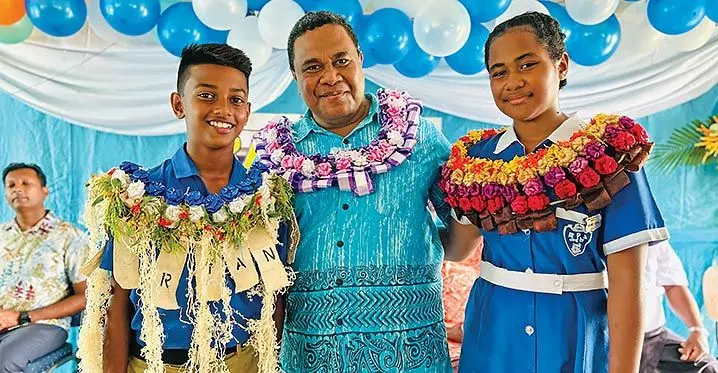 From left: Rampur Primary School head boy Ryan Chand, Regional Manager Central/Eastern Agricultural, Adriano Tabualevu and head girl Kristy Tuinaceva after the induction ceremony.