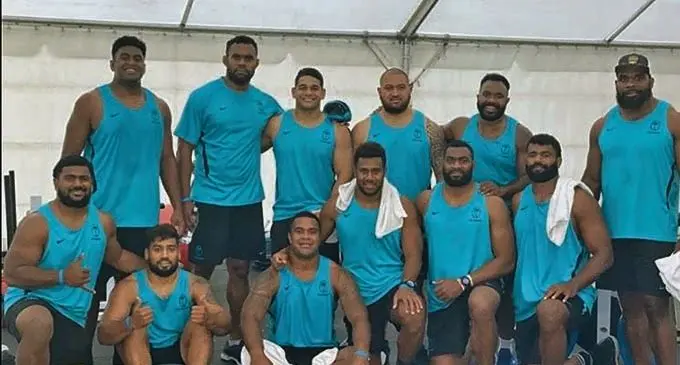 Fiji Airways Flying Fijians players in Christchurch, New Zealand on June 28, 2021. Standing (from left): Temo Mayanavanua, Leone Nakarawa, Sam Matavesi, , Mesake Doge and Albert Tuisue. Front (from left) : Mesulame Dolokoto, Peni Narisia, John Dyer, Kitione Kamikamica, Mesulame Kunavula and  Tevita Ratuva. Photo: FRU Media