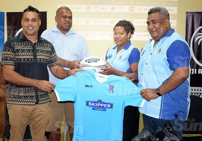 From left-CJ Patel Group of Companies, Group Marketing Manager Ashwin Prasad handed over the Suva jersey to Suva rugby union representatives Malakai Tueli, Talei Turaganivalu and Nemani Tuifagalele during the Skipper Cup launching on July 16, 2020. Photo: Ronald Kumar.