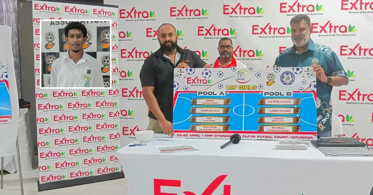 From left: Extra Super Market senior marketing executive Dhiraj Singh, Fiji Secondary Schools futsal southern zone secretary Jainut Dean and Fiji Football Association chief executive officer Mohammed Yusuf at the Fiji FA headquarters in Vatuwaqa on April 20, 2026 and Inserted picture Captain Faizal Lawrence Hanif