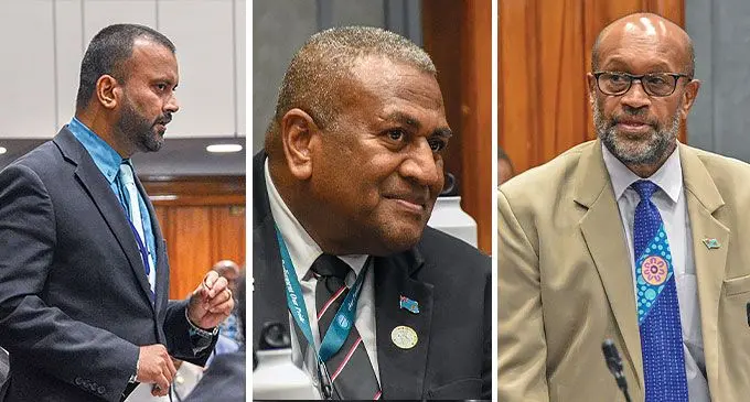 From left: Opposition MP Alvick Maharaj, Opposition MP Penioni Ravunawa and Senior Opposition MP Jone Usamate.