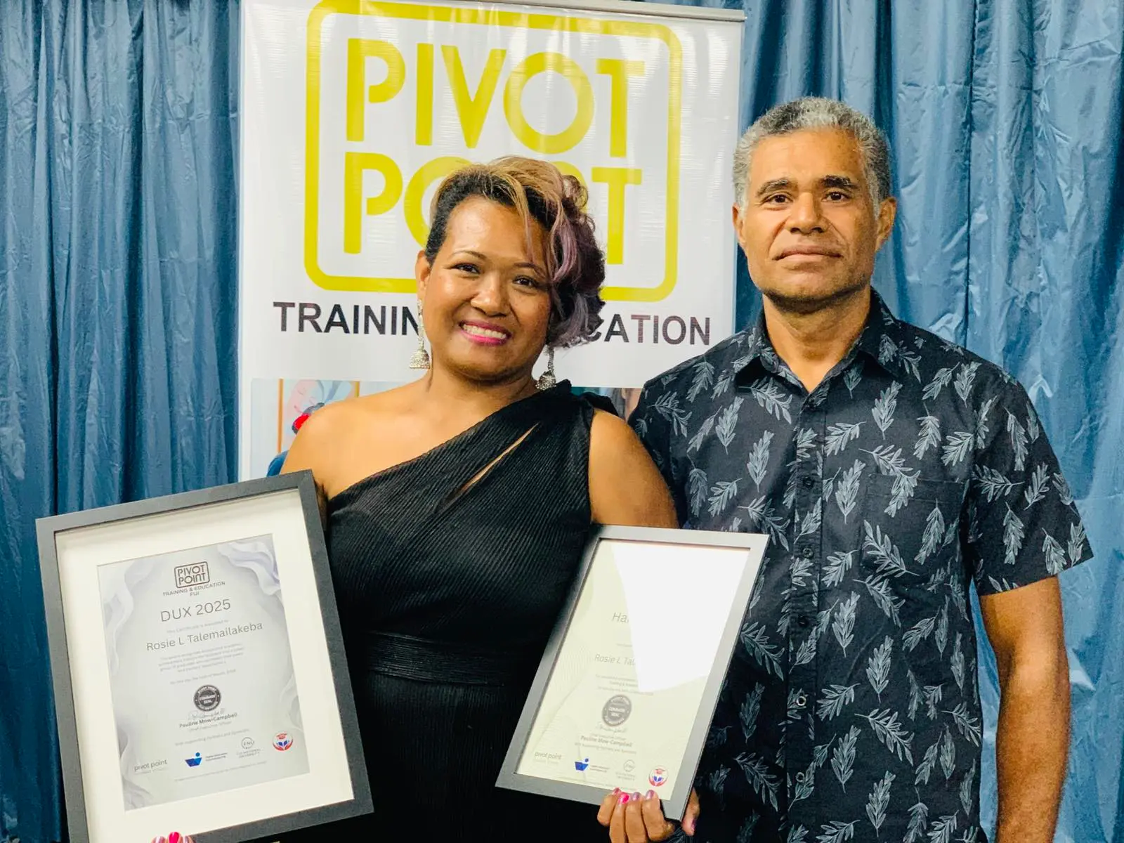 Rosie Talemailakeba Isaac with her husband Phillip Isaac at the Pivot Point Fiji graduation at the Tanoa International Hotel in Nadi 