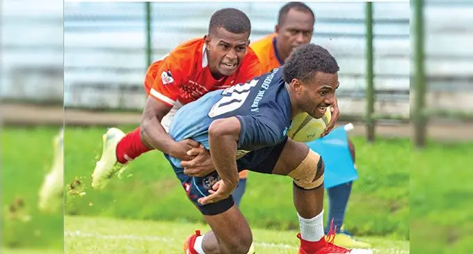 Maika Ratuvere dives over the tryline to score for the QVS old boys U19 team at the Nataleira 7s tournament last weekend. Photo: Ioane Asioli