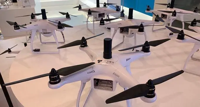 Efy technology drones on display at the Tianjin-Zhongguancun Science Park in Tianjin Binhai New Area on May 20, 2019.