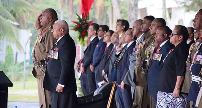 President Ratu Wiliame Katonivere, Prime Minister Voreqe Bainimarama with members of Government, the Republic of Fiji Military Forces and other guests at the Remembrance Day memorial service at the National War Memorial Site in Veiuto on November 11, 2022. Photo: Josefa Babitu
