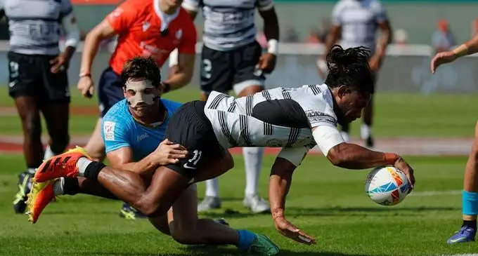 Fiji Airways Fijian men’s rugby sevens utility back Manueli Maisamoa scores a try against Uruguay during the Dubai Sevens tournament on December 2, 2022 Fiji won 52-0. Photo: World Rugby