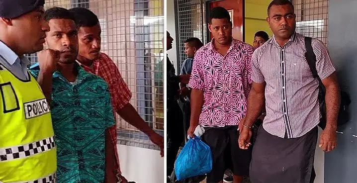 Aggravated robbery resulting in the death of Pram Lal accused's, Sakiusa Niumatuwalu (blue) , 28, Jone Sela (red) and (left with blue bag) Taniela Racule, 23 and Apisolome Turuva, 37, were remanded in custody for their alleged involvement in the aggravated robbery at Delailabasa which resulted in the death of a 60-year-old Pram Lal. They appeared at the Magistrates Court in Labasa on Monday. Photo: Sampras Anand.