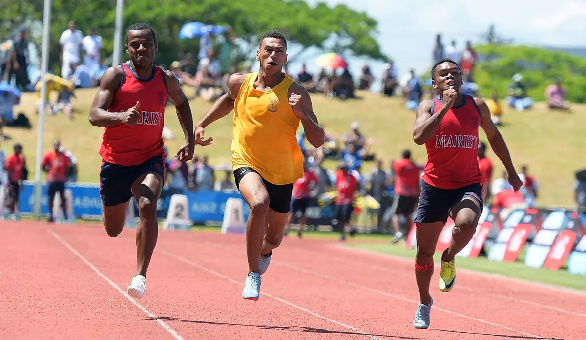 Tevita Sokiveta (middle) of Suva Grammar School won the Suva Zone 2 100meters senior boys final at ANZ Stadium on March 4, 2020. Photo: Ronald KUmar.