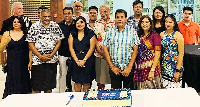 Minister for Commerce, Trade, Tourism and Transport Faiaz Koya( second from left) with Speaker of Parliament Ratu Epelii Nailatikau (in floral shirt), and P Meghji Group directorJayanti Meghji(in front of the cake) with the directors and family members of the P Meghji Group during the celebrations at Fresh Choice in Suva, to launch the Grand Warehouse Sale.