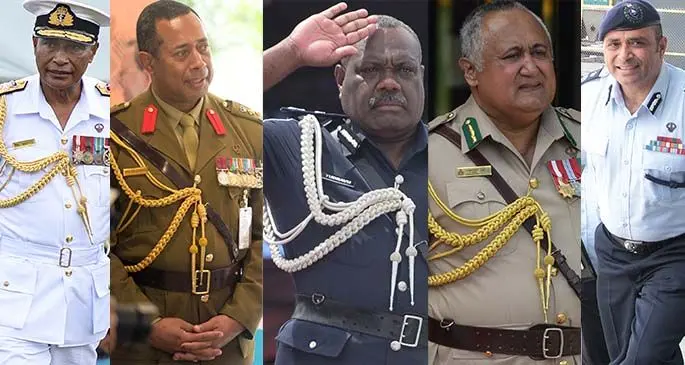 Republic of Fiji Military Forces Commander Rear Admiral Viliame Naupoto, Brigadier-General Ro Jone Kalouniwai, Acting Commissioner of Police Rusiate Tudravu, Fiji Corrections Service Commissioner Commander Francis Kean and Current Police Commissioner Sitiveni Qiliho. 