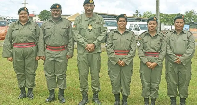 From left:  Warrant Officer 1 (WO1) Meresaini Lasike, Captain Leone Vuki, Republic of Fiji Military Forces Commander – Rear Admiral Viliame Naupoto, Staff Sergeant (SSG) Luisa Lotawa,  Staff sergeant Jima Taoi and Staff Sergeant Emi Racava at the Black Rock training ground in Nadi. Photo: Mereleki Nai