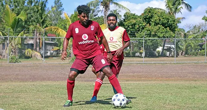 Team captain Roy Krishna (left) and Setareki Hughes train with the national squad members at the Fiji FA Academy in Ba on August 25, 2020. Photo: Fiji FA Media