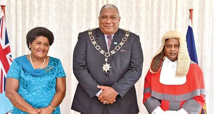 From left: First Lady Filomena Katonivere, President Wiliame Katonivere and Chief Justice Kamal Kumar during the investiture ceremony at the State House on December 2, 2021. Photo: DEPTFO News