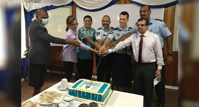 Commissioner of Police Brigadier-General Sitiveni Qiliho accompanied by the Australian Federal Police, senior liaison officer Suva, Superintendent Adrian Morton and stakeholders cut cake to mark the opening of the new command centre at Labasa Police Station on July 21, 2022. Photo: Shratika Naidu