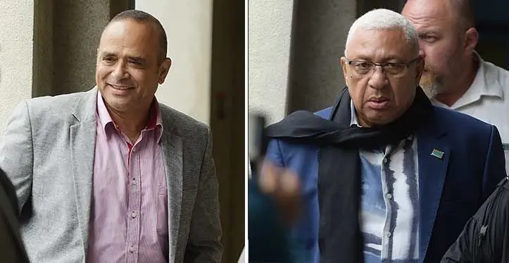 Suspended Commissioner of Police Sitiveni Qiliho and Former Prime Minister Voreqe Bainimarama outside the Suva Court on July 18, 2023. Photo: Ronald Kumar
