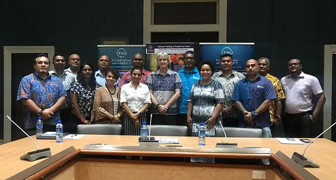 The Fiji National University National Training and Productivity Centre team with the Habitat for Humanity Fiji representatives during the signing at the Nasinu Campus on February 27, 2020.  Photo: Wati Talebula