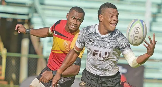 Napolioni Bolaca  (right) in action during the Uluinakau 7s, at Ratu Cakobau Park, Nausori on December 12, 2020. Photo: Ronald Kumar
