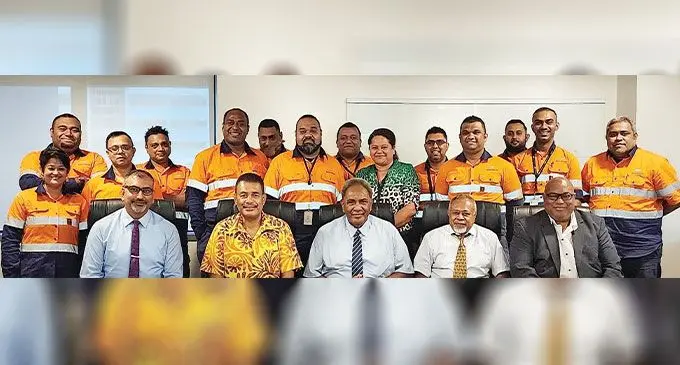 Seated from left: Fiji Roads Authority board members Bhupendra Solanki, Alipate Naiorosui, chair – Atunaisa Nayago, Niko Buke, Lui Naisara, with executives and management. Photo: Fiji Roads Authority