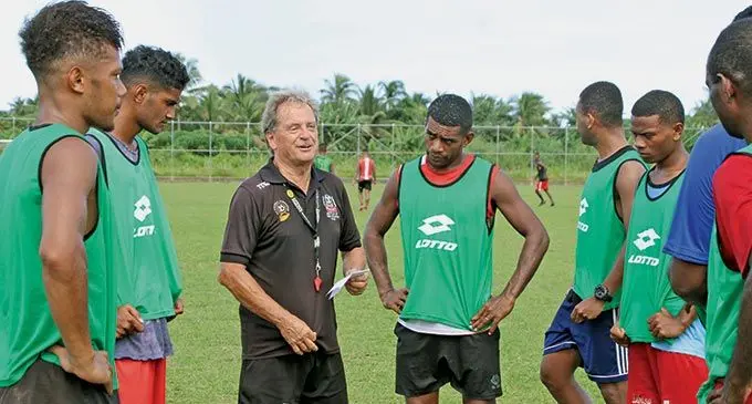 Digicel Fijian football head coach Flemming Serritslev (left), during training with the 4R Electrical Labasa team at the Fiji FA Academy ground in Suva. Labasa has qualified for Saturday’s Digicel Fiji FACT semifinal at Lawaqa Park, Sigatoka. Photo: Kunal Keshneel/FijiLive.