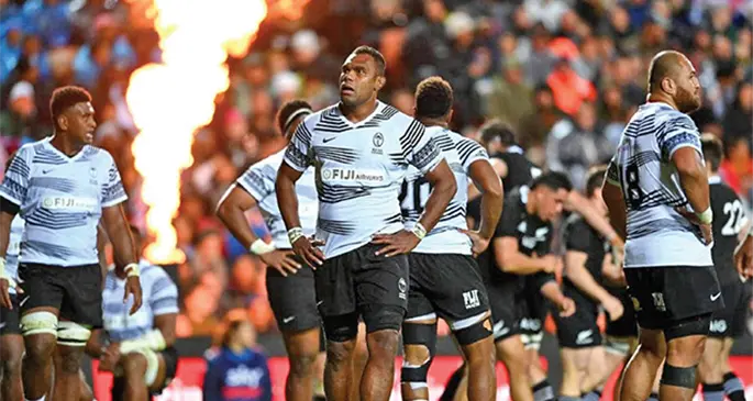 Flying Fijians players (left-right) Temo Mayanavanua, captain Leone Nakarawa, Leeroy Atalifo at the sound of the final whistle against the All Blacks at the FMG Stadium Waikato, on July 17, 2021 Photo: Newshub