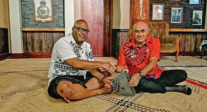 Nawaka Rugby Club president, Eparama Sailo, left, and Paradise and Beverages general manager sales and corporate affairs Joe Rodan Snr at Nawaka Village in Nadi on January 4, 2023. Photo: Mereleki Nai