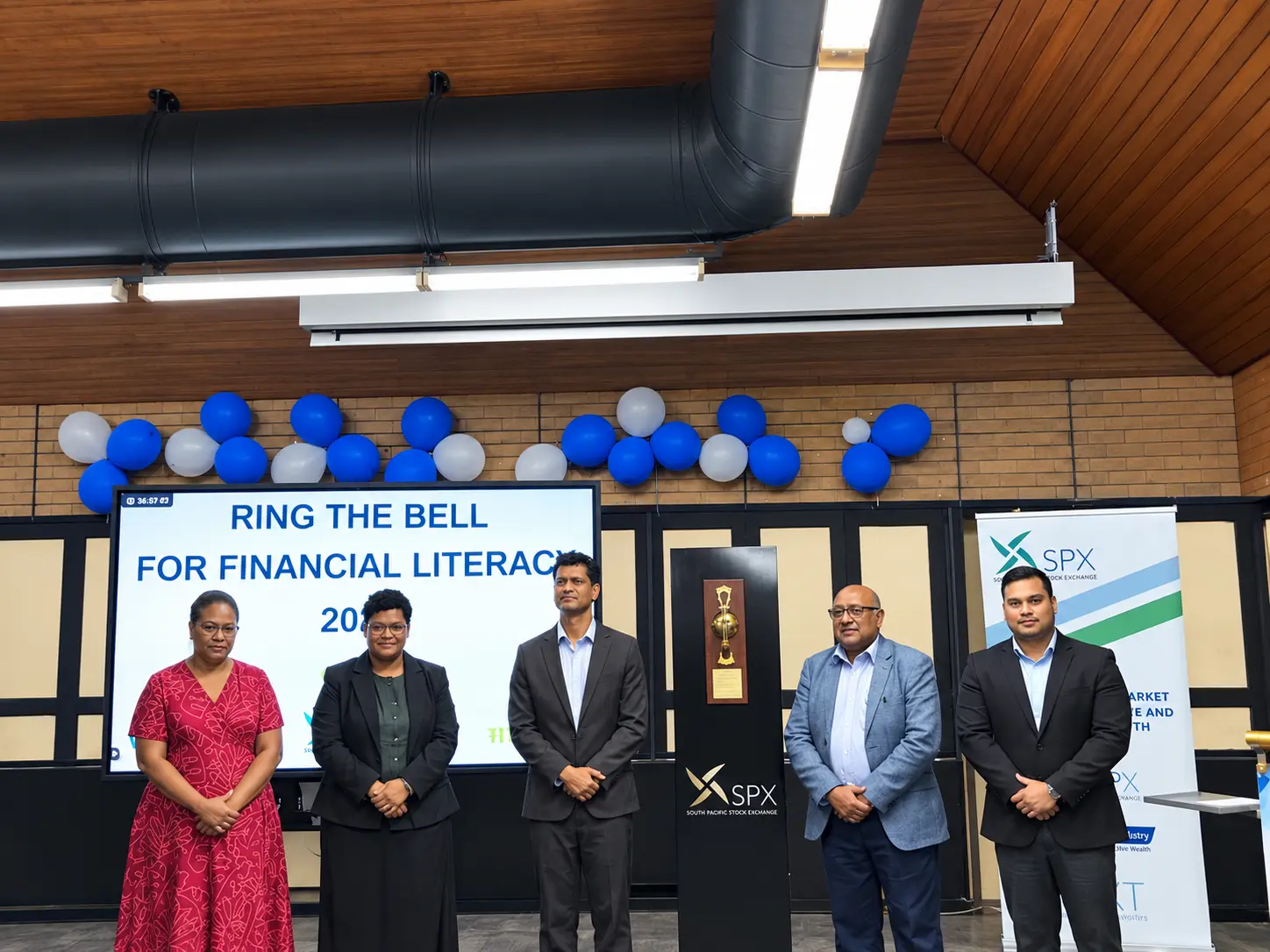From left: Lusia Rabaka, Manager Research and Policy Analyst, Consumer Council of Fiji; Senikavika Jiuta, Chief Executive Officer of the Fijian Competition and Consumer Commission; Navin Raj, Permanent Secretary for Education; and Nitin Gandhi, Chairperson of the South Pacific Stock Exchange, during the Ring the Bell for Financial Literacy 2026 event at the Reserve Bank of Fiji on October 15, 2026.