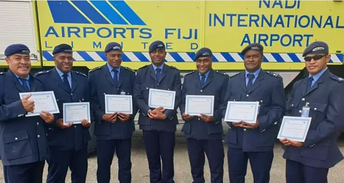 Fiji Airports firefighting graduates, from left: Elaise Garisau, Kaveni Mataki, Pauliasi Naivolasiga, Vowase Naivalu, Sailosi Turaganivalu, Alivereti Waqairatu, Solomone Mualaulau on October 22, 2019. Photo: Fiji Airports Limited