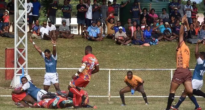 Nadi players celebrate scoring a try aganist Namosi at Prince Charles on August 28, 2020. Photo: Waisea Nasokia