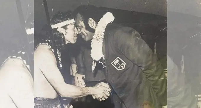 The late former national rugby No.8 Vilikesa Mocelutu (right) is greeted by a Maori in New Zealand in 1974. The traditional Maori greeting is called hongi where noses are pressed together. Photo: Supplied