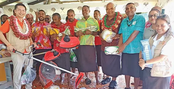 United Nations Population Fund Pacific director Iori Kato with Commissioner Northern Uraia Rainima and the women’s group during the handing over at Korotubu Village, Macuata on August 18, 2023. Photo: Shratika Naidu