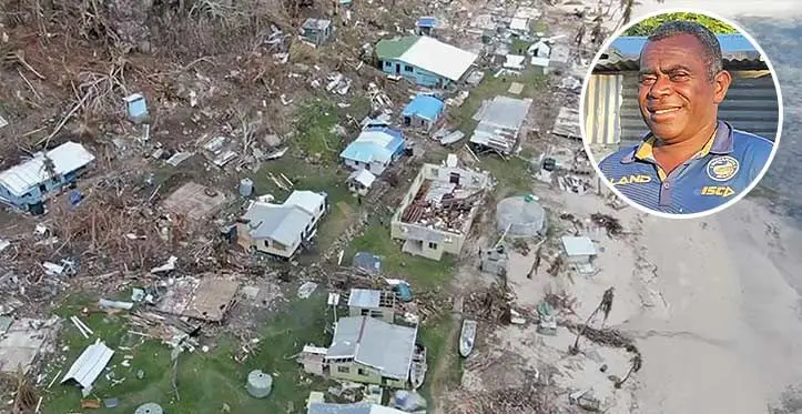 Drone shot of Yaro Village in Kia Island in 2020. Photo: DEPTFO News/Inset: Yaro Village headman Sulu Vulauono.