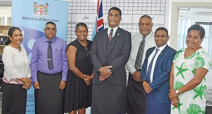 The Minister for Education and Arts, Aseri Radrodro (fourth from left), with his permanent secretary Selina Kuruleca (third from left) and other staff members at the ministry's headquarters in Suva on April 25, 2024. Photo: Ronald Kumar