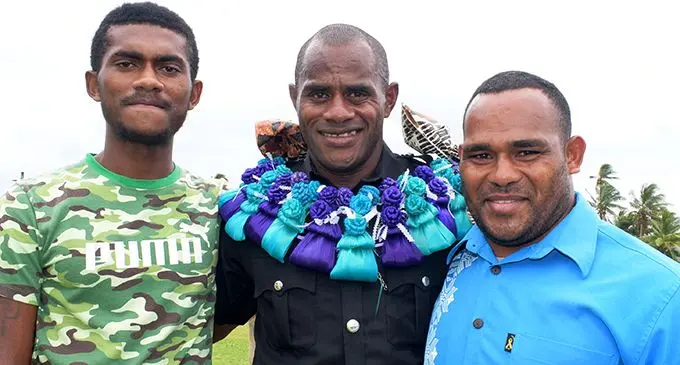 It was double celebration for former national sevens rep and current Nadroga rep, Joeli Lutumailagi as he celebrated his birthday and also pass out from Police Pass out parade at Nasova Police Academy on October 18, 2019. He is pictured with his cousin bothers, Epeli Tukawa (left) and Tevita Tuinawailevu.   Photo: Ronald Kumar.