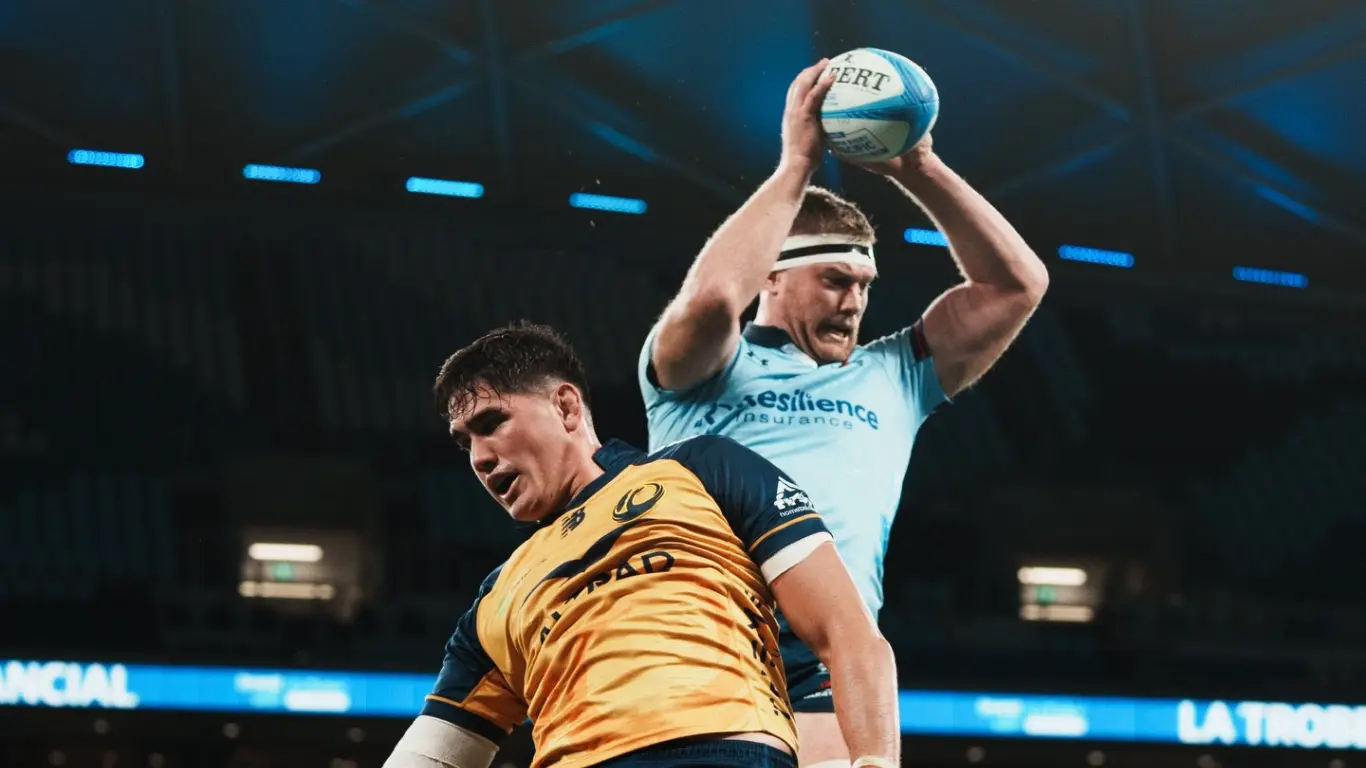NSW Waratahs captain and lock Matt Phillip takes a two-handed catch against Western Force at Allianz Stadium in Sydney, Australia, on May 2, 2026. Photo: Waratahs.