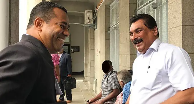 Felix Anthony (left) with his lawyer Filimoni Vosarogo outside the Magistrates Court in Suva on September 2, 2019.   Photo: Ashna Kumar