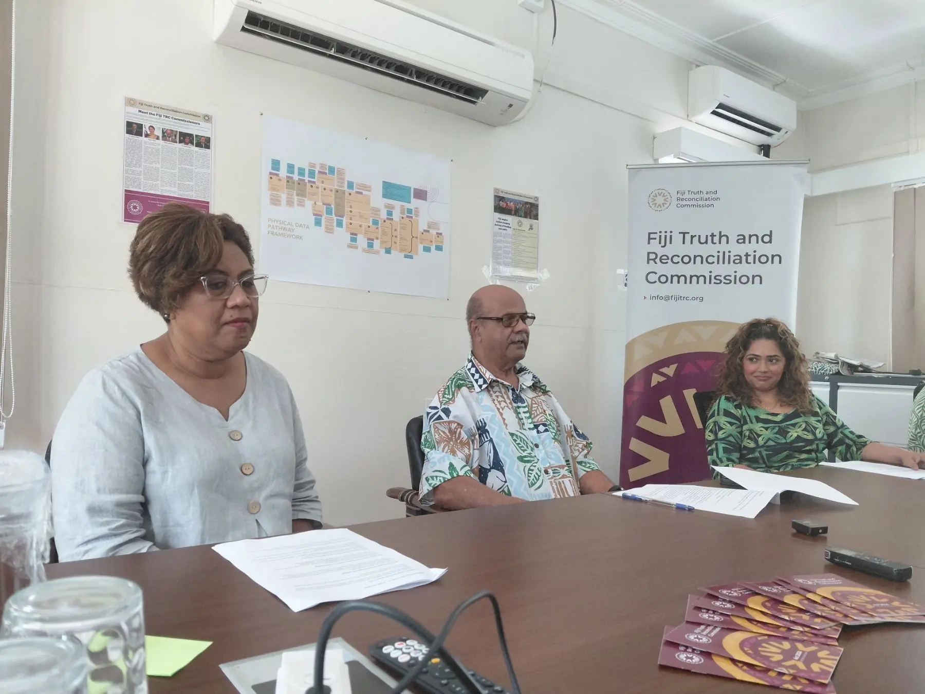 Commissioners of the Fiji Truth and Reconciliation Commission (FTRC). From left: Commissioner Ana Laqeretabua, Acting Chairperson Sekove Naqiolevu, Commissioner Rachna Nath at the FTRC headquarters in Suva on December 9, 2025.