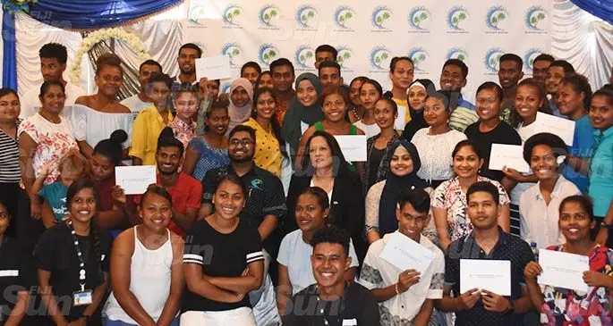 Minister for Education Rosy Akbar (middle), with the recipients of the award and the staff members of Fiji National University at Galaxy Hotels and Apartments in Labasa on April 6, 2021. Photo: Sampras Anand