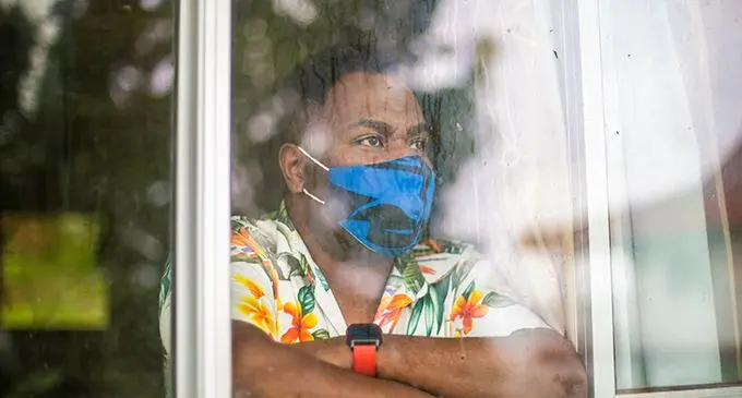 Covid-19 positive patient  Joape Anare from the comfort of his own bubble in Tamavua on July 3rd 2021. Photo- Leon Lord