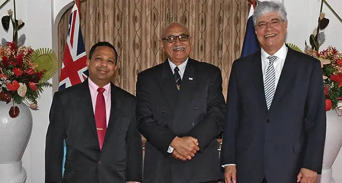 From left: The new Consul for Brazil in Fiji, Nouzab Fareed, President Major General (Ret’d) Jioji Konrote and Ambassador Sérgio Eduardo Moreira Lima, Brazil’s Non-Resident Ambassador to Fiji, at Borron House on March 26, 2019. Photo: DEPTFO News