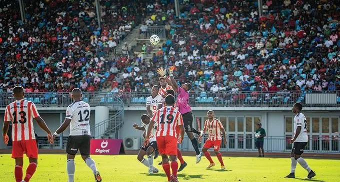 Suva goalkeeper, Emori Ragata, tries to save a goal attempt from Labasa during their Digicel Premier League match at the ANZ Stadium on December 12, 2021. Photo: Leon Lord