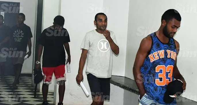 Accused (from left), Epi Dakai, Epeli Dakuliga, Inoke Koroisuva, and Inoke Vosailagi at Nadi Magistrates Court on April 12, 2020. Photo: Mereleki Nai